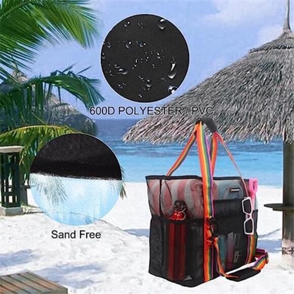 Mesh Beach Bag 40L with 9 Pockets Bag Pool Vacation Travel Picnic Black - Picture 5 of 6